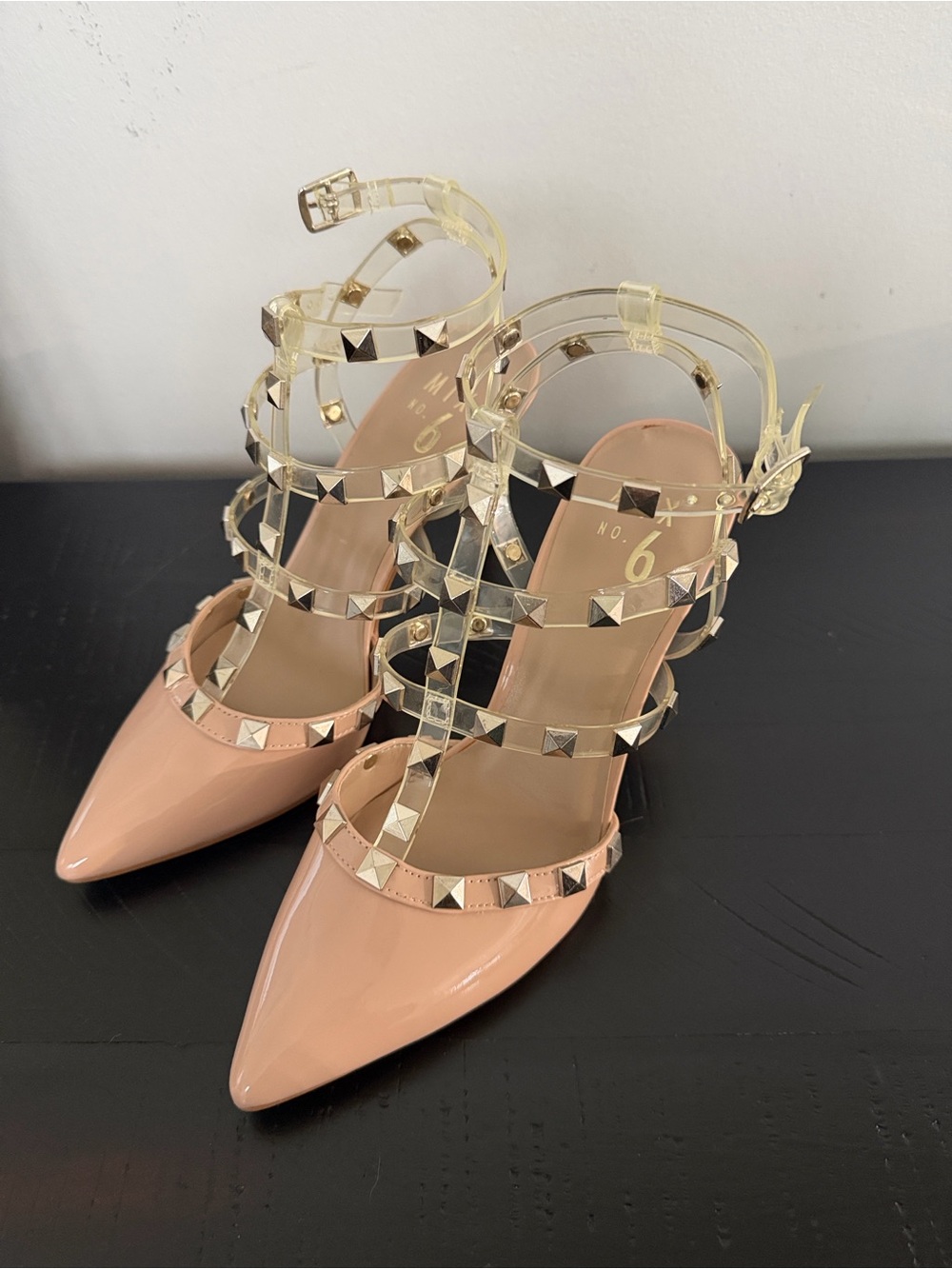 Mix No. 6 Blush Patent Pointed-Toe Studded Ankle-Strap Pumps